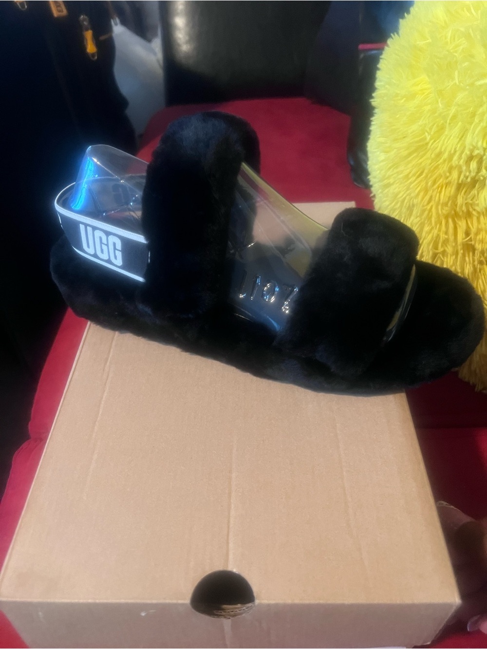 UGG Black Plush Double-Band Slide with Logo Heel Strap